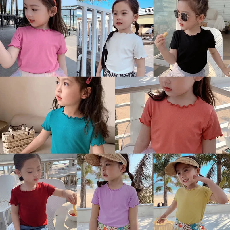Girls' Casual Ice Silk Short-Sleeve T-Shirt, New Korean Style Children's Ruffled Top, Solid Color, Simple and Versatile