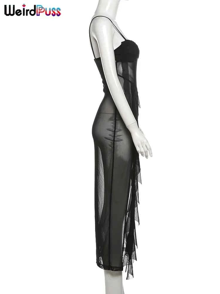 Weird Puss See Through Dress Woman Summer Sexy Spaghetti Straps Patchwork Irregular Tassel Splits Swimsuit Beach Skinny Vestidos