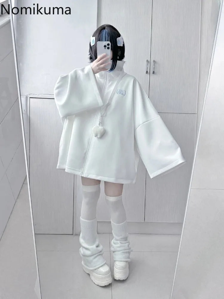 2025 Ropa Mujer Streetwear Coat for Women's Japanese Y2k Clothing Fashion White Zipper Outwear Tops Casual Stand Neck Jackets