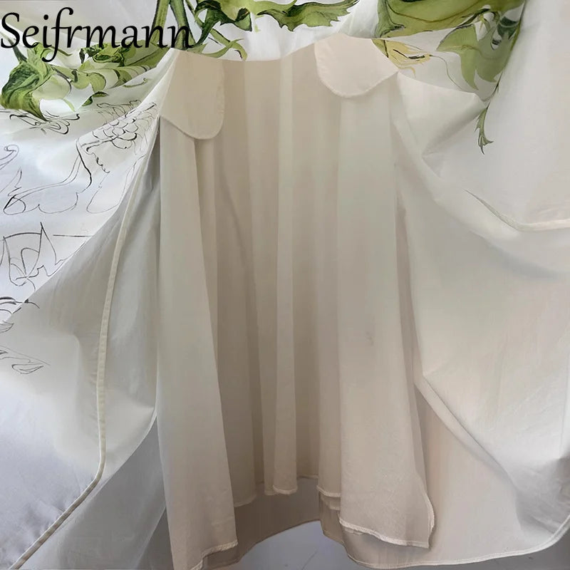 Seifrmann printed white background poplin dress 2025 autumn round neck short sleeved waist cinched long skirt belt dress