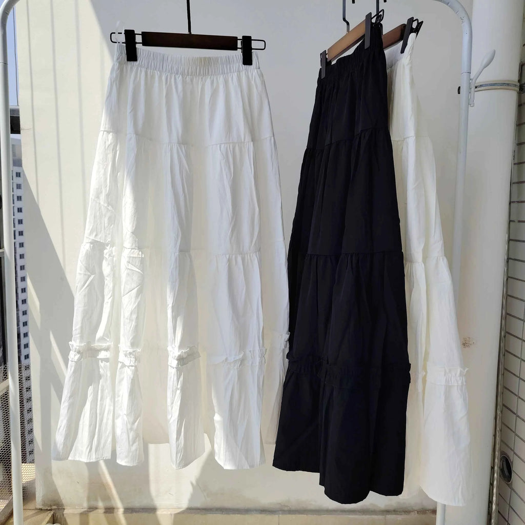Matching Chic lady's white skirt sweet girls cake skirt elastic waist a line mid length flare skirt