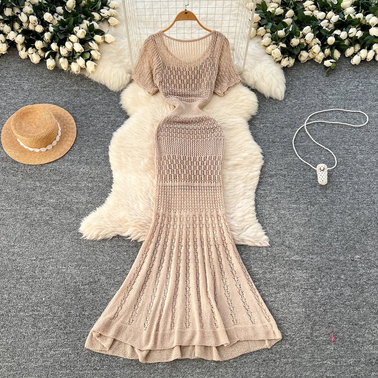 Women Hollow Knitted Dress Summer Flower Short Sleeved Fishtail Bodycon Dress with Camisole Dresses Vintage Party Long Robe