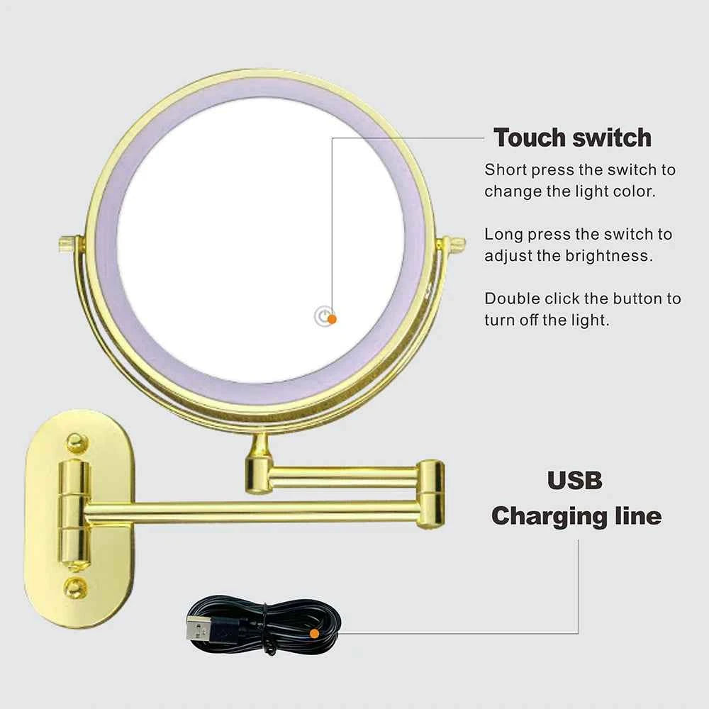 8 Inch Makeup Mirror Gold 3x/5x/7x/10x Magnifying Double Side USB Charging Bathroom 3 Color Light Cosmetic Mirrors
