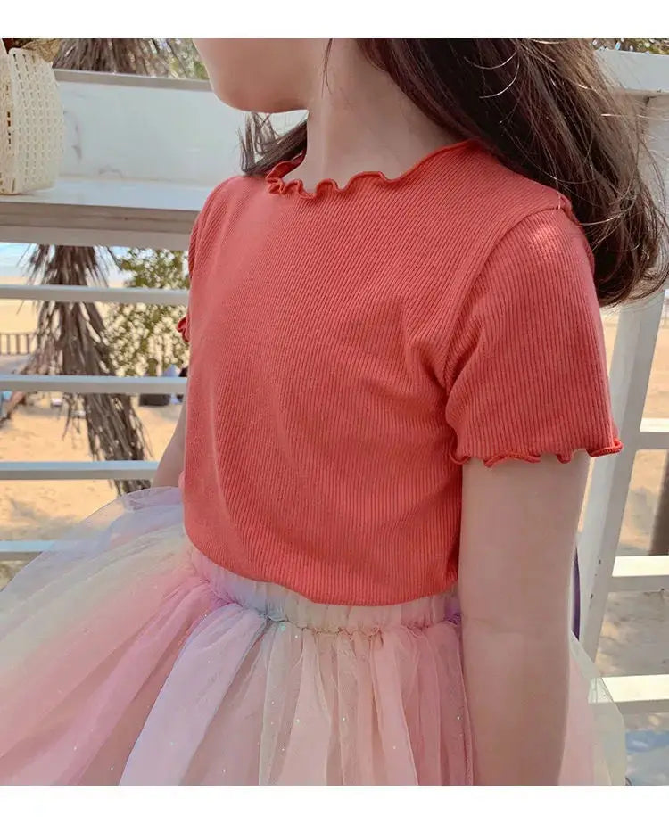 Girls' Casual Ice Silk Short-Sleeve T-Shirt, New Korean Style Children's Ruffled Top, Solid Color, Simple and Versatile