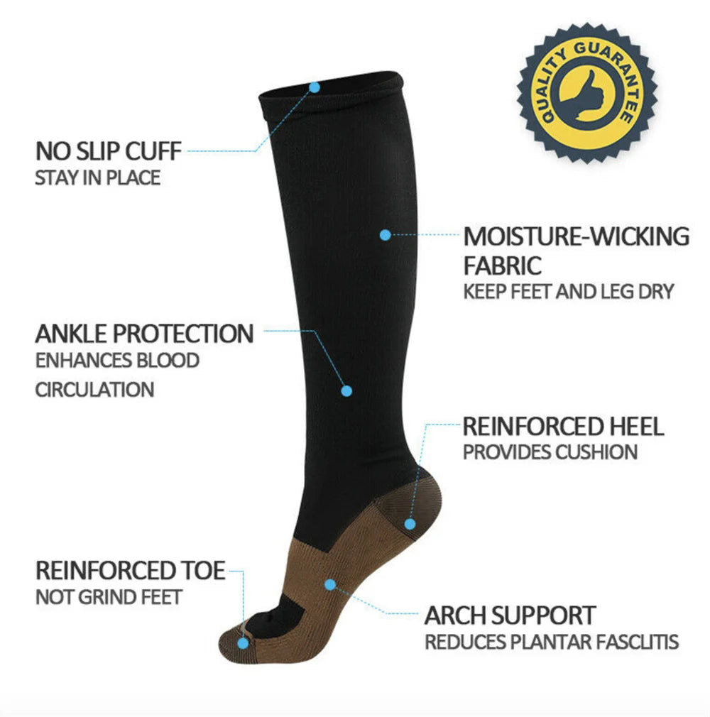 1/5 Pairs Copper Compression Socks High Unisex Graduated Pressure Stockings Anti Fatigue Pain Relief Sports Travel Socks