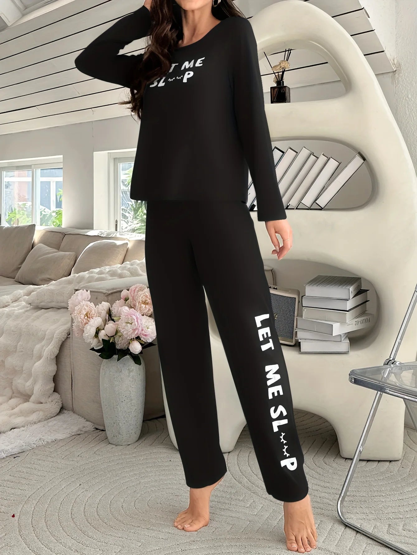 Women's Letters Print Pajamas Set Solid Simple Style Long Sleeve Crew Neck Top And Elastic Pants Trendy Women's Sleepwear