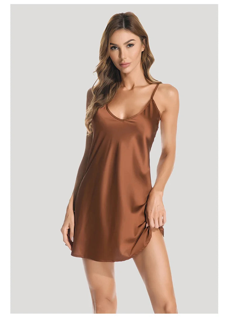 Meet'r Women Summer Sleepwear Sexy Deep V Imitation Silk Nightdress Solid Color Sling Ice Silk Home Clothes Satin Nightgown