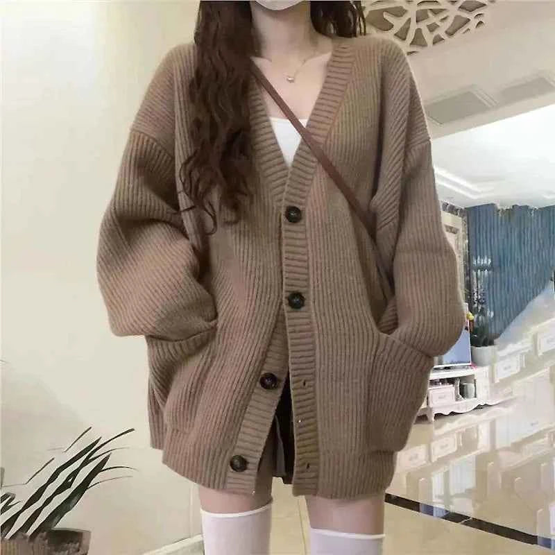 Korean version V-collar lazy wind cardigan Japanese department simple sweater female spring and autumn winter casual loose knit