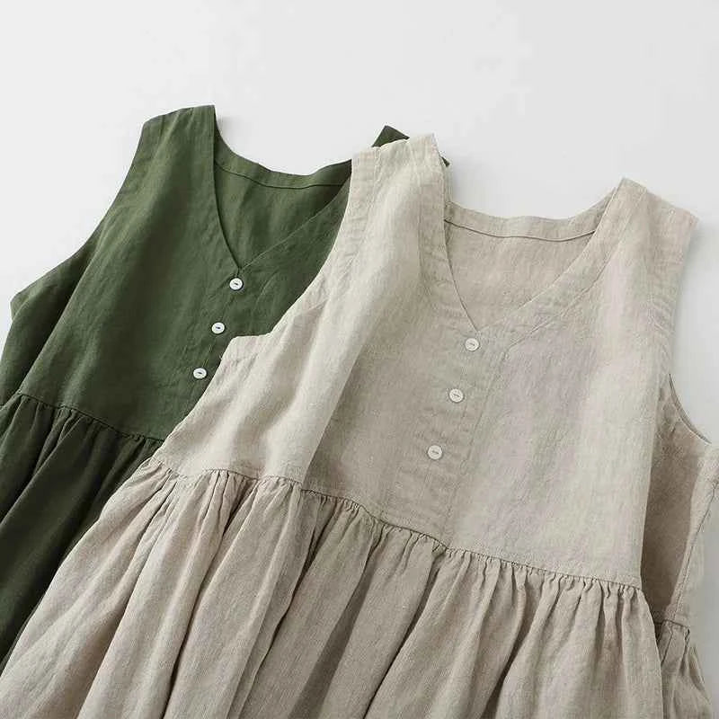 2026 New Women's Cotton Linen Sleeveless Dress Casual V Neck Button Down Loose Midi Dresses for Summer Women's Casual Dresses