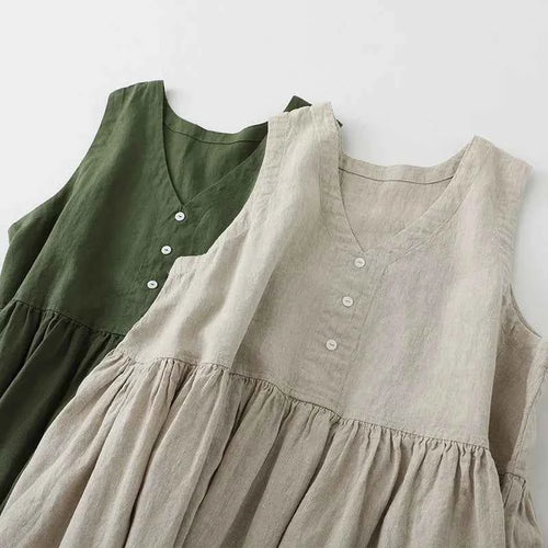 2026 New Women's Cotton Linen Sleeveless Dress Casual V Neck Button Down Loose Midi Dresses for Summer Women's Casual Dresses