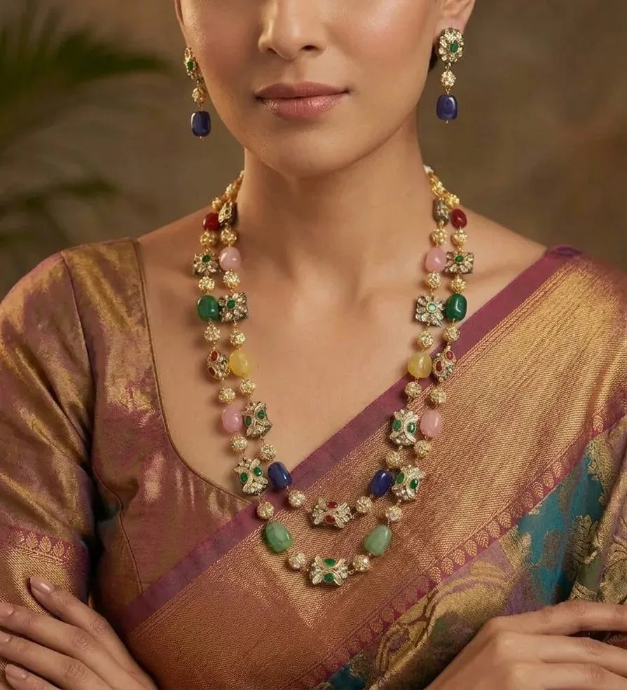 Luxury Multicolor Gemstone Long Necklace Earrings Bracelet Set Gold Plated Kundan Polki Beaded Statement Wedding Jewelry for