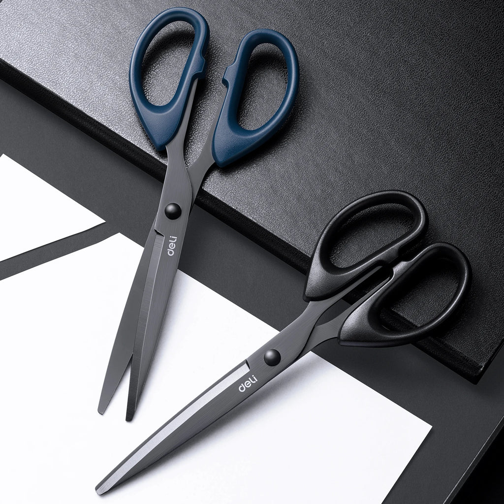 DELI Professional Office Scissors 180mm Heavy Duty Scissors with Black Blade Sharp Stainless Steel Cutting Tool for Paper Craft