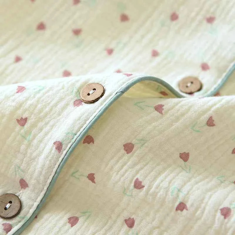 2025 Summer Women Pajamas Cute Tulip  Printing Sleepwear 100% Cotton Gauze Female 2 Piece Set  Nightwear Pyjamas Loungewear