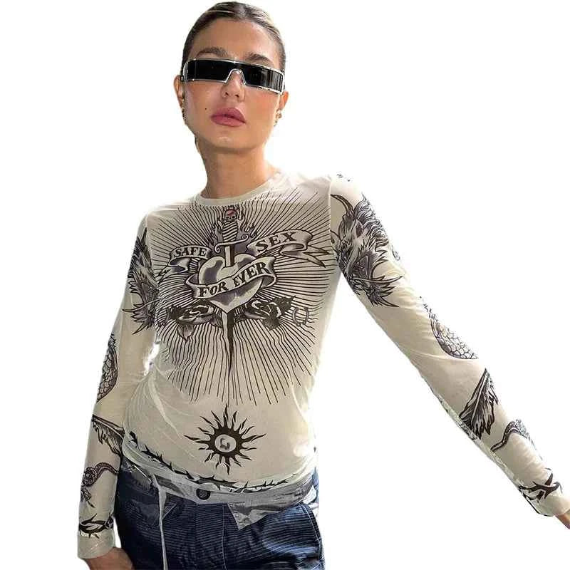 Y2k Aesthetic Punk Clothes Graphic Tees Women Gothic Fashion Full Sleeve Woman Tshirts See Through Streetwear Egirl Tops T Shirt