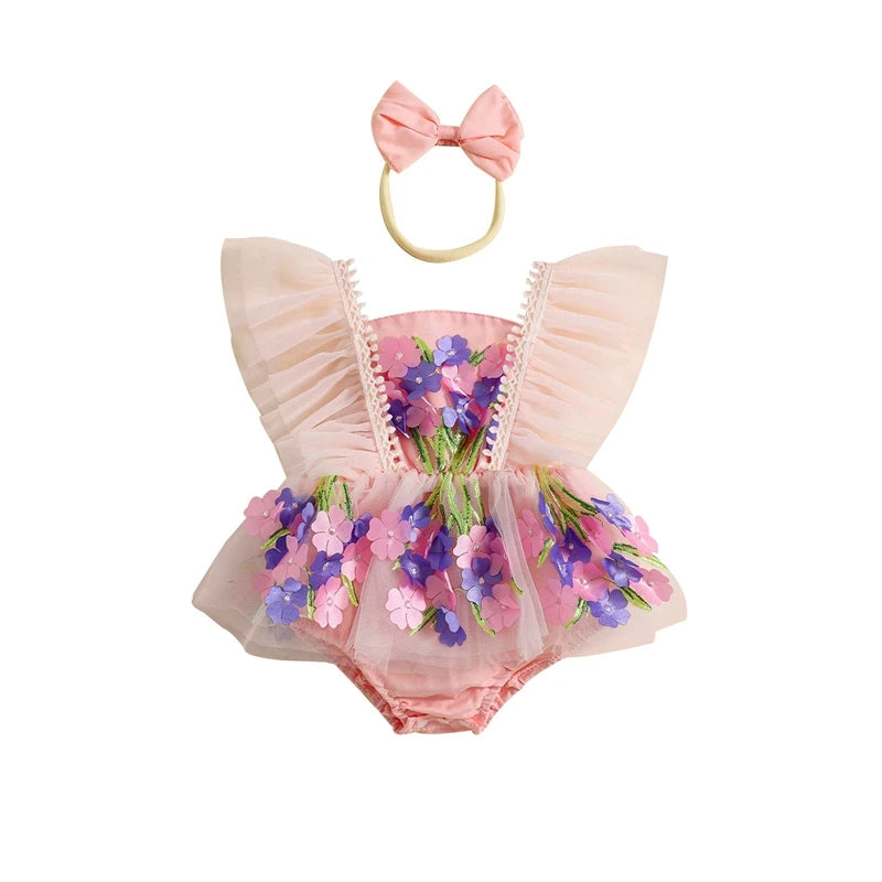 Baby Girl Princess Romper Dress Cute Summer Ruffle Sleeveless 3D Flower Tulle Tutu Rompers with Headband 2Pieces Infants Outfits