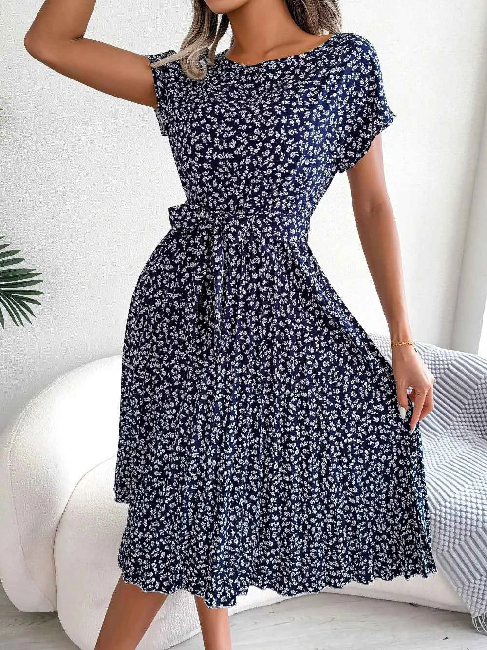 Ficusrong Fashion Floral Pleated A Line Long Dress Women Spring Summer Short Sleeve High Waist Chic Dress