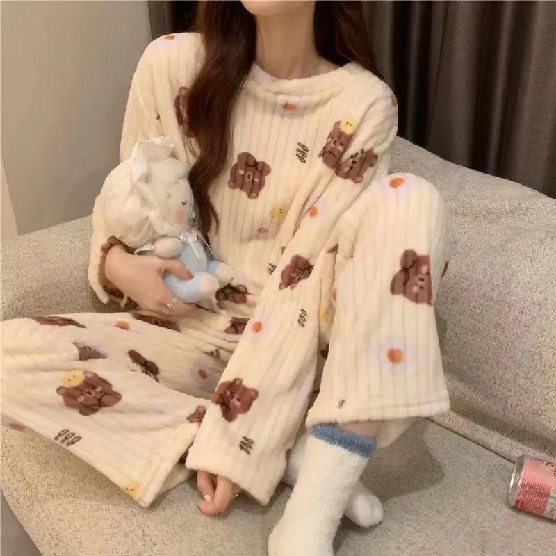 Autumn Winter Warm Flannel Fleecing Women's Pajamas Sets Coral Velvet Long Sleeve Cartoon Sleepwear Pants Sets Flannel Homewear