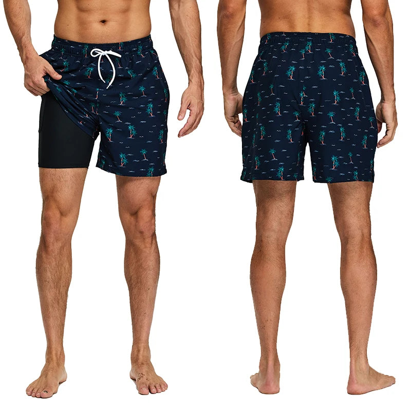 ESCATCH 2026 Summer New Arrival Mens Shorts 2 in 1 Quick Dry Gym Printing Swim Trunks Beach Side Zipper Pockets Swimsuit