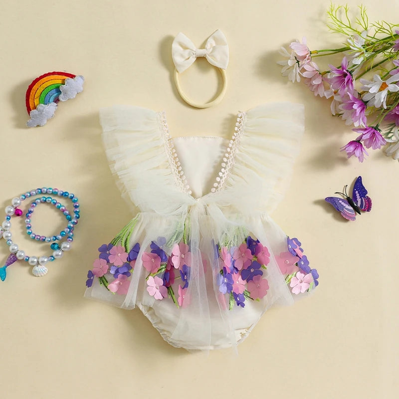 Baby Girl Princess Romper Dress Cute Summer Ruffle Sleeveless 3D Flower Tulle Tutu Rompers with Headband 2Pieces Infants Outfits