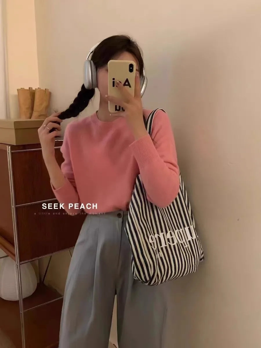 100% pure cashmere sweater women's round neck pullover long sleeve sweater loose short soft waxy knit bottom sweater