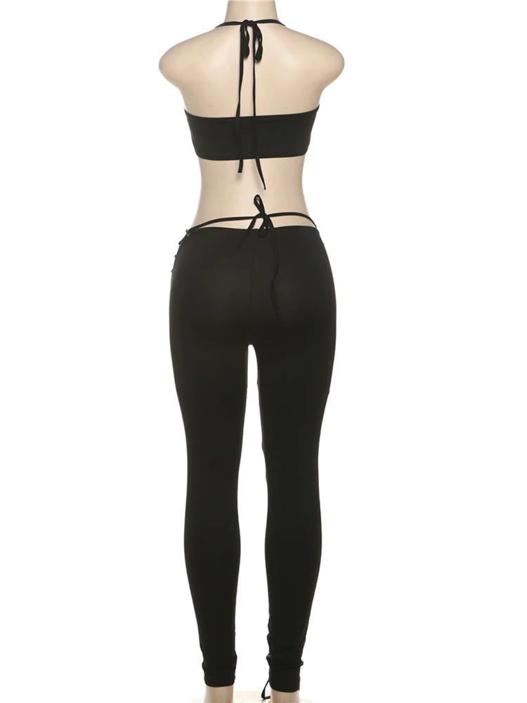 Weird Puss Sexy 2piece Set Women Hipster Halter Camisole+Shirring Hollow Pants Midnight Matching Stretch Clubwear Skinny Outfits