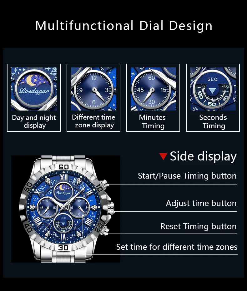 POEDAGAR Luxury Fashion Man Watch Waterproof Luminous Chronograph Men Watch Stainless Steel Sports Military Quartz Men's Watches