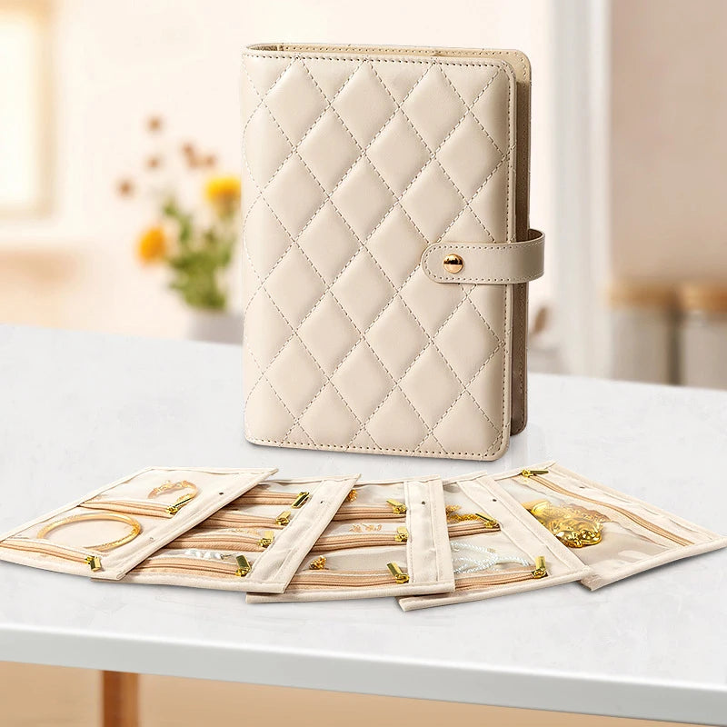 Waffle Pattern Jewelry Organizer PU Leather Anti Tarnish Storage Pouch with Multiple Compartments for Travel