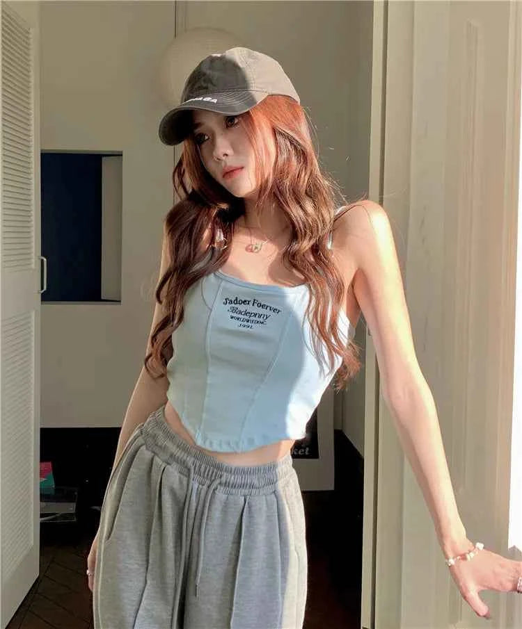 Women Crop Top Summer Y2K Lrregular Hem Slim Tank Tops Casual Sexy Female White Streetwear Letter Tank Tops With Pad Woman