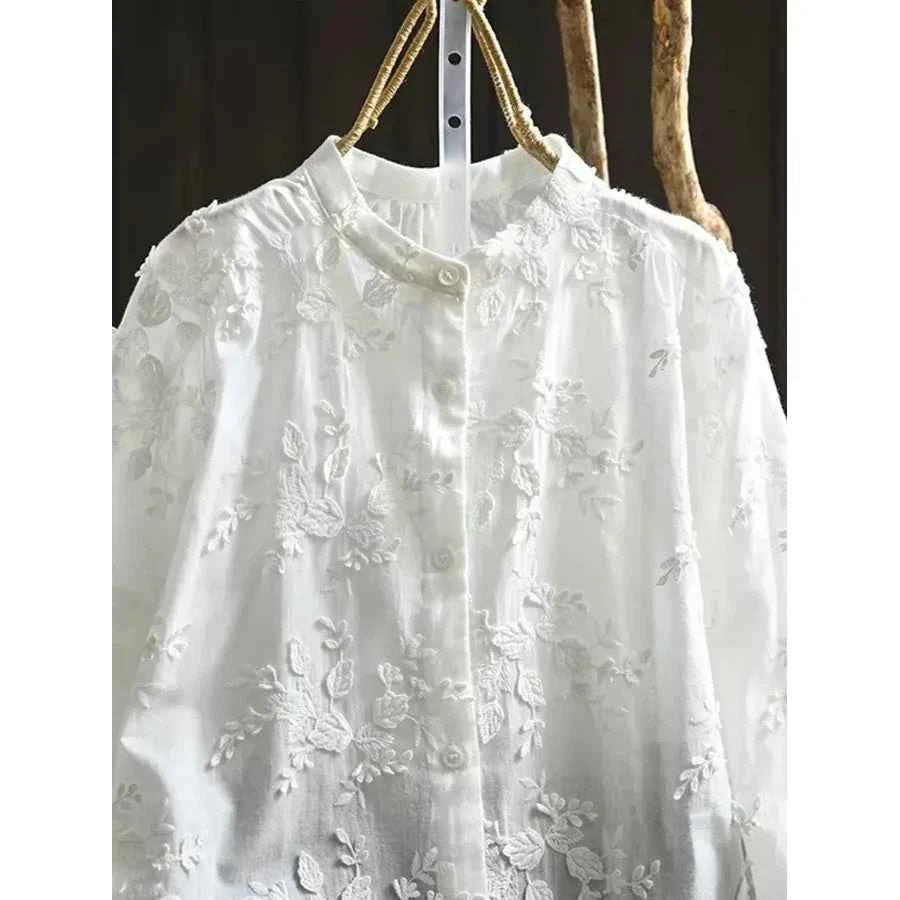 SuperAen Spring New Three-dimensional Flower Embroidered Cotton White Shirt Women Loose Sweet O-neck Long-sleeved Shirts
