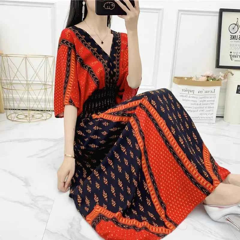 Colorful Flower V-neck Elastic Youthful Bohemian Sweet Midi Dress Woman Clothes Chic Fashion Summer Dresses 2025 Large Swing Ski