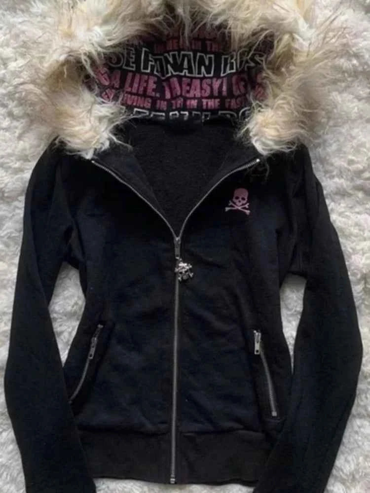 Black Goth Hoodie Women's Clothes Letter Skull Embroidery Zipper Y2k Coat Fashion Hooded Jacket Japanese Sweatshirts Y2K Tops