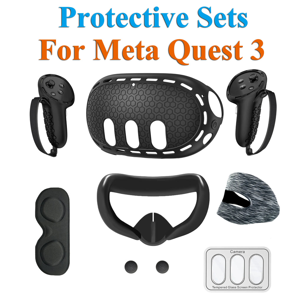 For Meta Quest 3 Silicone Protective Shell 7 IN 1 Set Controller Grip Cover Tempered Glass Film Face Case Lens Cap VR Accessory