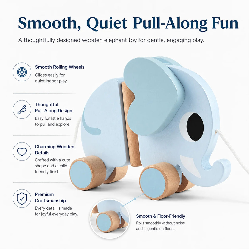 Wooden Children's Elephant Pulling Rope Cart, Towing Toys, Baby Boy and Baby Girl Toddler, Children's Gifts, Early Education Toy