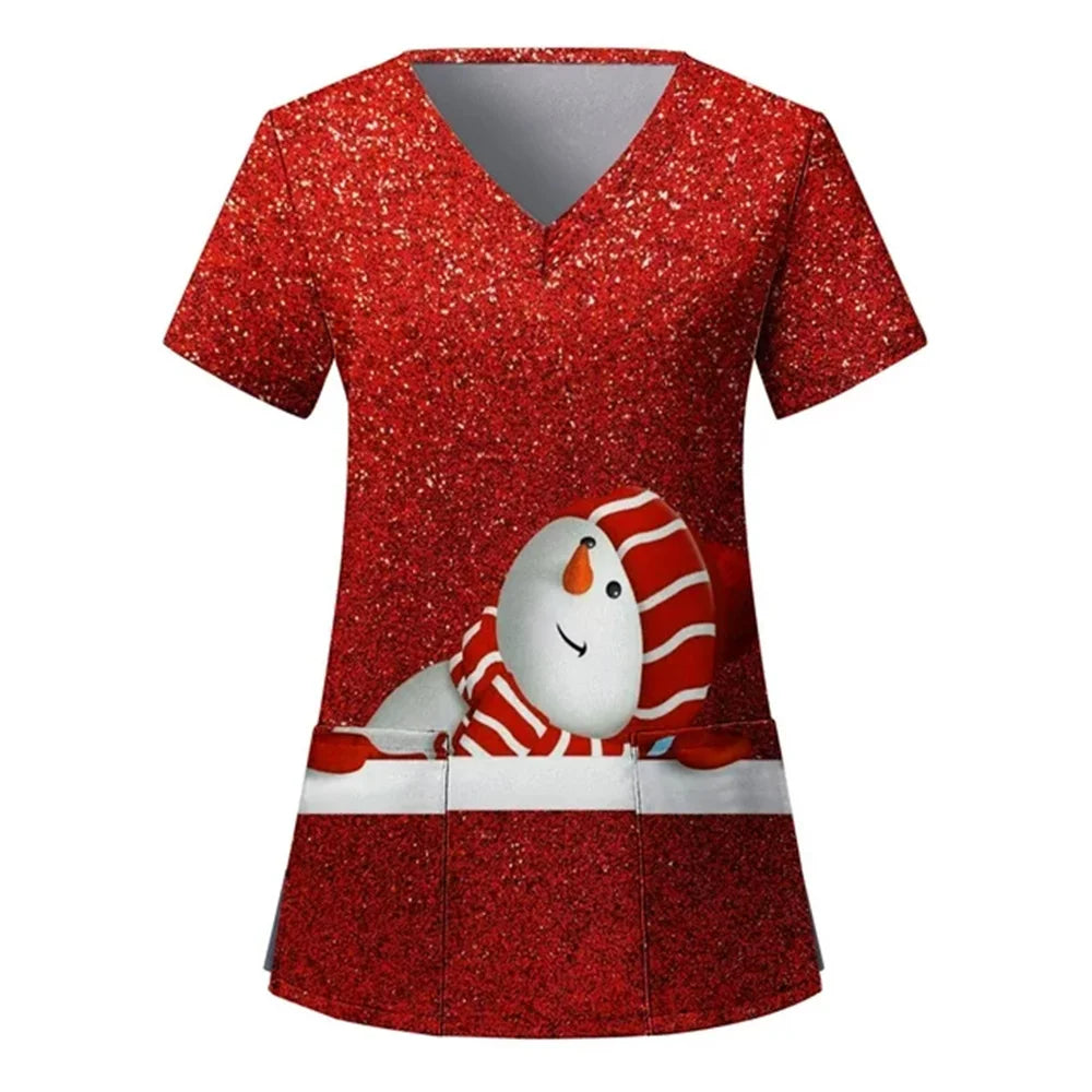 Womens Christmas Nurse T Shirt Print Short Sleeve V Neck Workwear With Pocket Working Nurse Work Wear Overalls Medical Uniforms