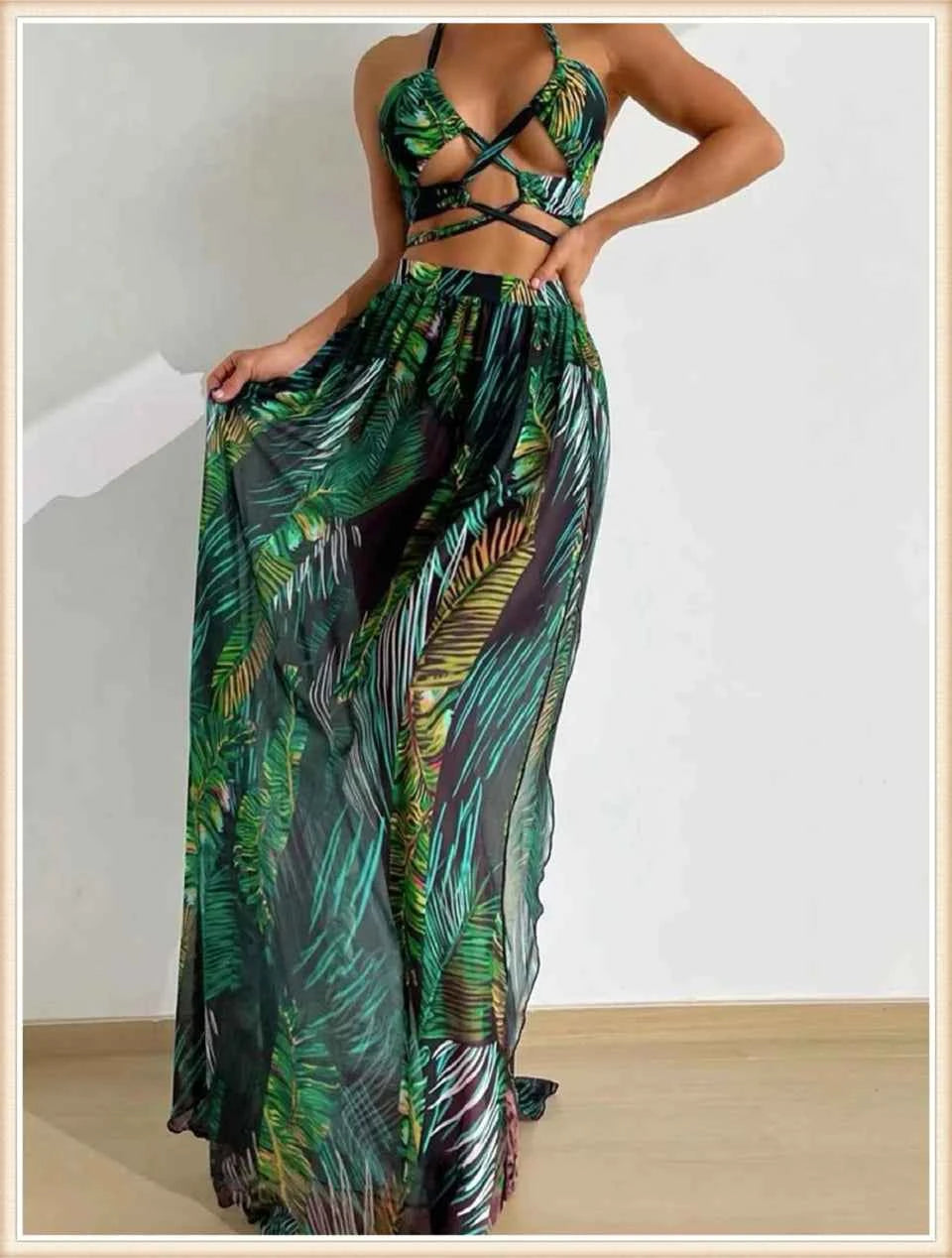 3 Pieces Print Cross Bikini 2025 Women Sexy Halter Swimsuit & Cover Up Beach Dress Swimwear Bathers Bathing Swimming Suit Summer