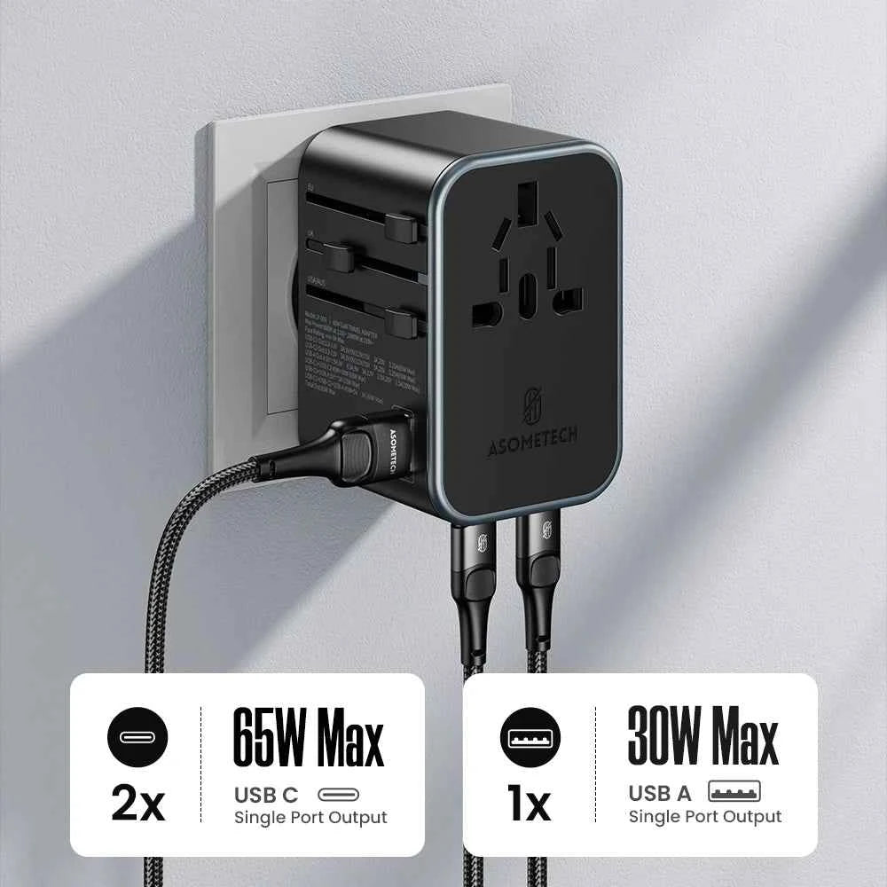 ASOMETECH 65W GaN International Travel Adapter PD3.0 QC3.0 PPS 3 USB GaN Fast Charging Adapter with EU AU US UK Plug for Travel
