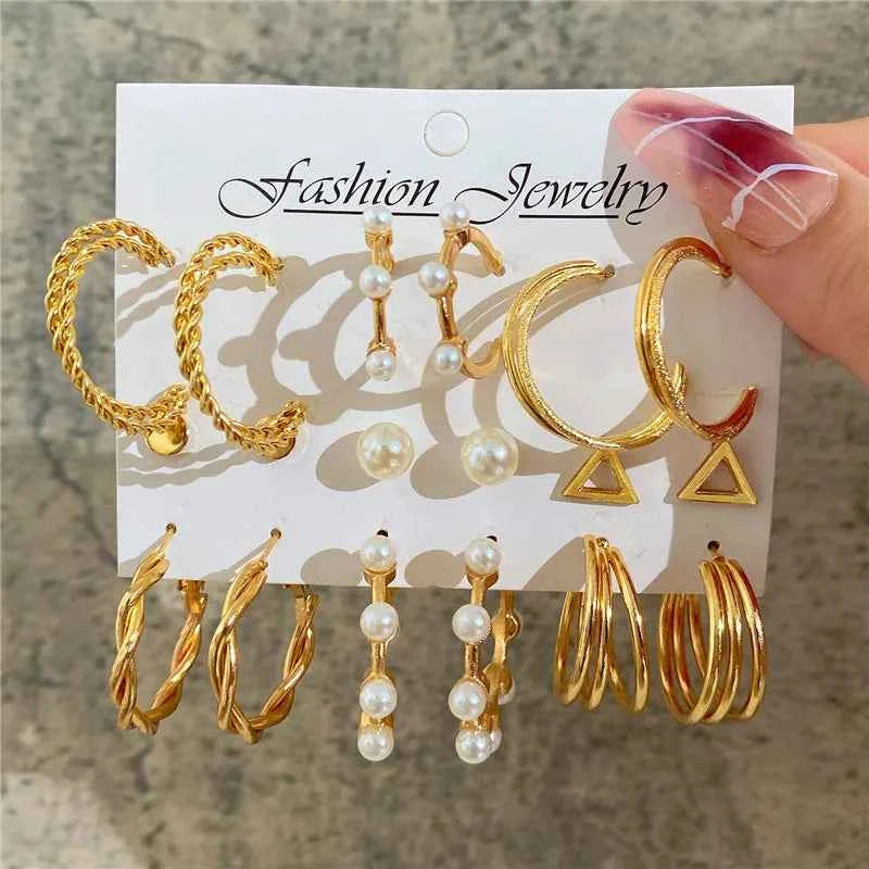 Silver Color Twist Hoop Earrings Set Brincos Heart Pearl Hoops Vintage Metal Geometric Earrings for Women 2023 Trendy Jewerly