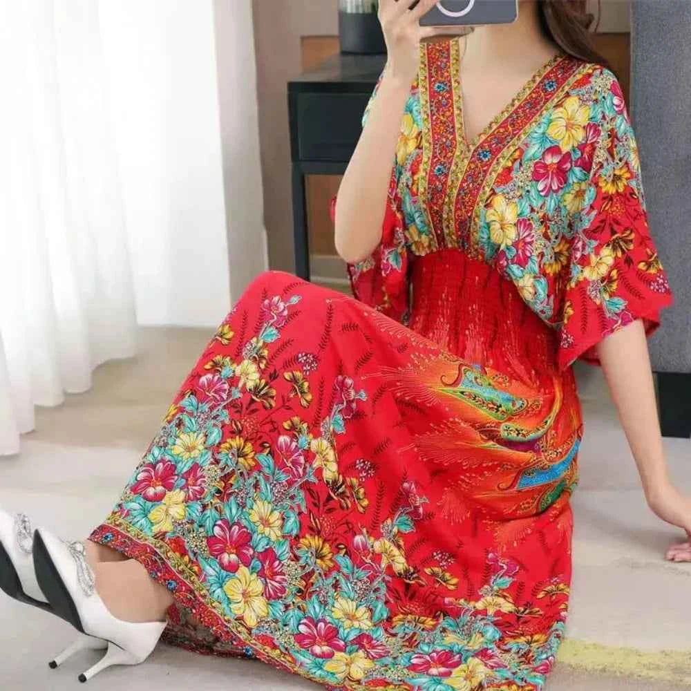 Colorful Flower V-neck Elastic Youthful Bohemian Sweet Midi Dress Woman Clothes Chic Fashion Summer Dresses 2025 Large Swing Ski