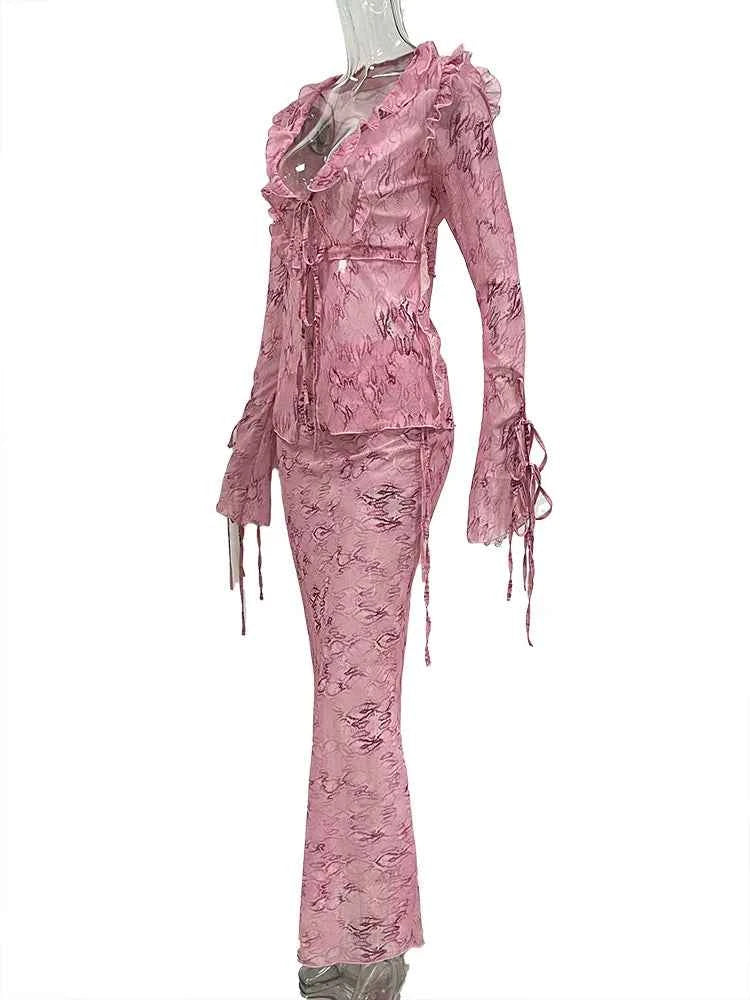 Print Y2K Mesh Long Sleeve Top Shirts Green and Maxi Skirt Bodycon Two Piece Sets Beach Outfits Women Club