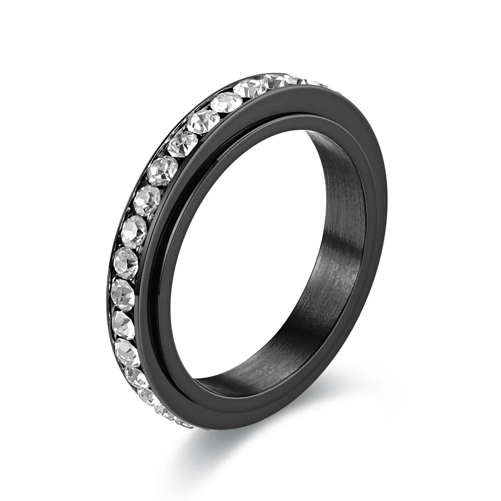 4MM Spinner Finger Rings For Women Crystal Rotatable Wedding Stainless Steel Ring Men Korean Anniversary Party Jewelry