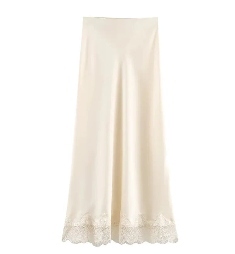 SAW Independent Station Sexy Lace Patchwork Satin Feel Mini Skirt Autumn Fashion Trendy Polyester Fiber Long A-Line Skirt