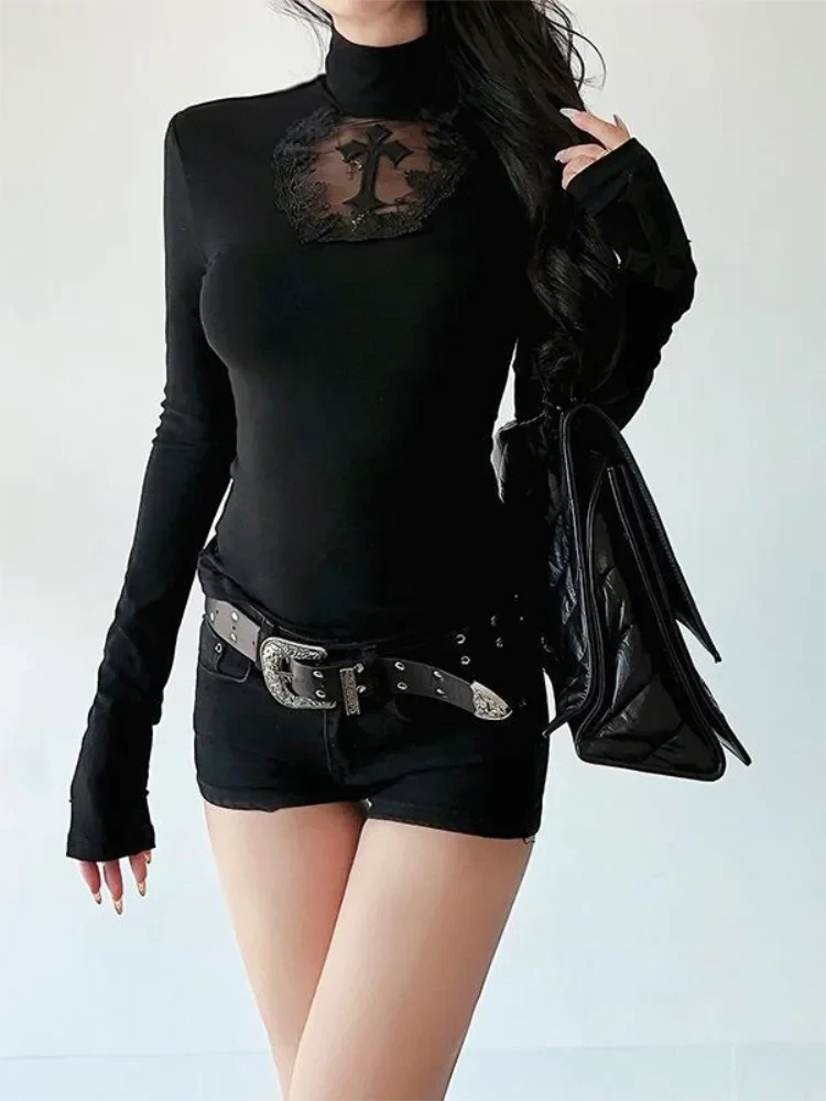 Turtleneck Top Y2k Clothes Black Gothic Cross Hollow Slimming Bottom T Shirt for Women Long Sleeve Sexy T-shirt Girls Tops
