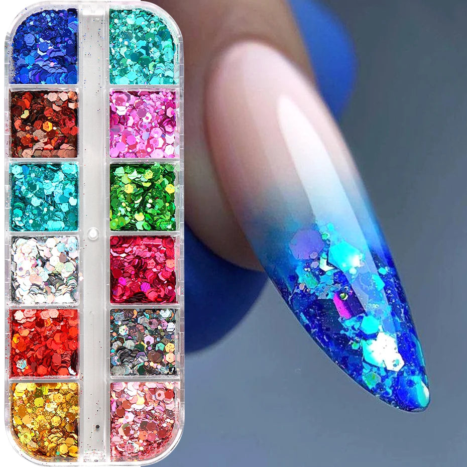 12 Colors Sparkly Holographic Nail Art Glitter Sequins Laser 3D Hexagon Flakes Nail Powder Makeup Nail Art Decorations Manicure