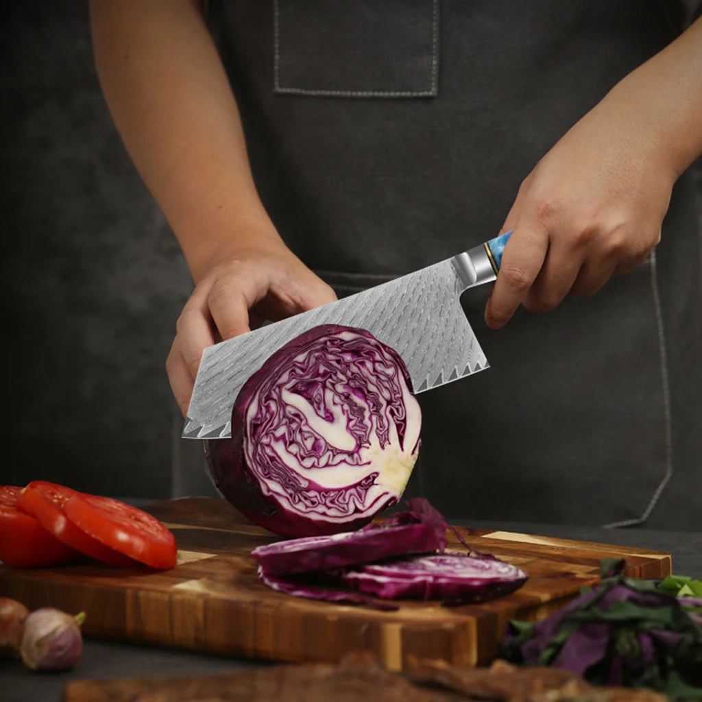 1-8pcs Professional kitchen knife set Damascus Steel Set for Meat Cutting Sushi Peeling and Boning Blue Resin Wood Handle