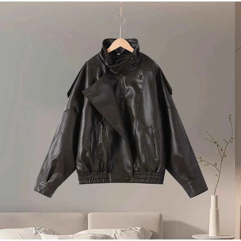 Vintage PU Leather Women's Jacket Stand Collar Zipper Button Coats Female Long Sleeve Outerwear Spring Lady Street Jackets