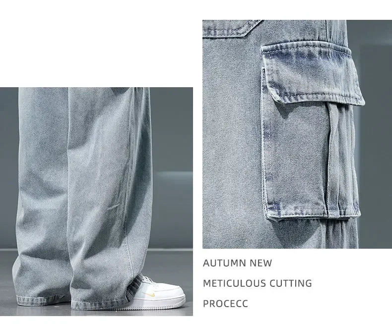 2026 New Wide Leg Washing Jean Pants Men Trousers Neutral Solid Color Loose Casual Fashion Pocket Cargo Pants Big Size 8XL