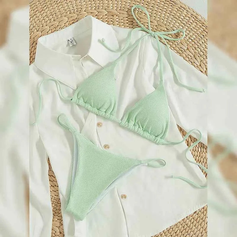 2025 Special Pit Stripe Fabric Bikini Set Women Sexy Simple Solid Halter Bikini Swimsuit High Waisted Lace Up Beach Bathing Suit