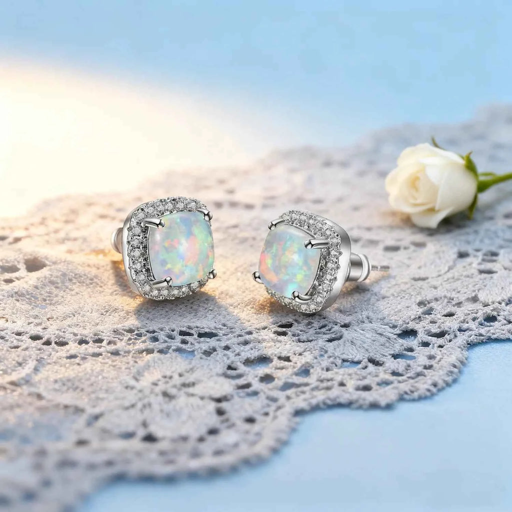 Multi-Color Available Opal Stone & Zirconia Earrings,Elegant Square Opal Studs,Silver Color Daily Luxury Jewelry,Gift for Women