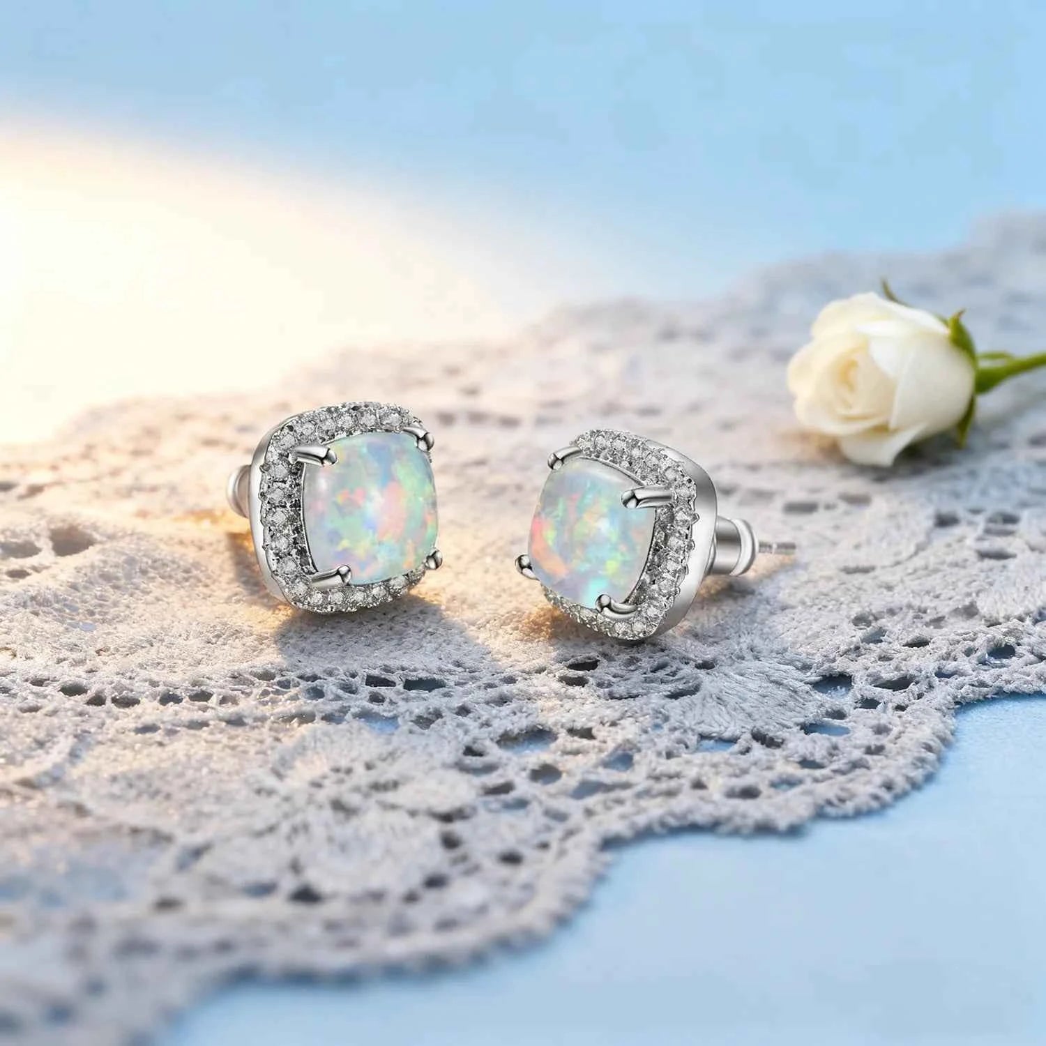 Multi-Color Available Opal Stone & Zirconia Earrings,Elegant Square Opal Studs,Silver Color Daily Luxury Jewelry,Gift for Women