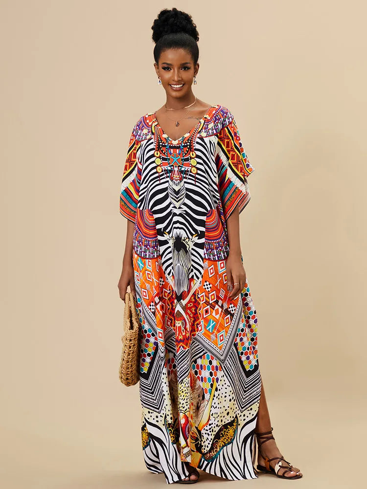 EDOLYNSA 2023 Bohemian Printed Loose Kaftan Casual Summer Vacation Maxi Dress Women Clothing Beach Wear Swim Suit Cover Up Q1469